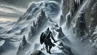 Einar asciende por las nevadas laderas del Monte Pilatus, cargando un escudo y una espada, rodeado de acantilados y neblina en movimiento.
