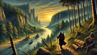 Nicu camina por un sendero serpenteante junto al río Danubio al atardecer, llevando una lanza y un morral, dirigiéndose hacia el Templo Olvidado.