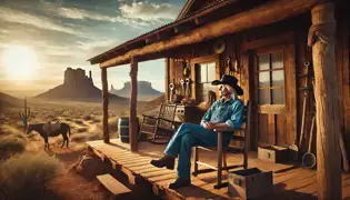 An elderly rancher sits on her porch in the desert, gazing into the distance with tools and old objects nearby.