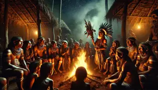 Un chamán waorani guía una ceremonia sagrada alrededor de un fuego en la Gran Maloca de la aldea durante la noche.