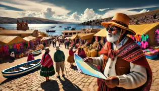 La ville animée de Copacabana, avec ses marchés vibrants, un guide, et un anthropologue contemplant le lac Titicaca.