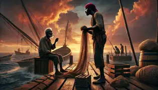 Elías Jn-Pierre prepara sus redes de pesca en el muelle al atardecer, mientras el Viejo Josías le advierte sobre los peligros de la noche.