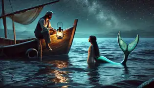 Youssef y Layla se encuentran en secreto por la noche; él se sienta en su bote mientras ella flota bajo el agua resplandeciente.