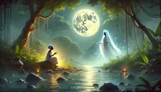 Aissatou chante au bord de la rivière la nuit, sous la pleine lune, tandis que la silhouette lumineuse de Maam Kumba Bang émerge pour écouter.