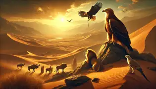 L'aigle et le faucon reviennent à un rassemblement désertique au coucher du soleil, où un lion sage écoute leurs révélations de sagesse.