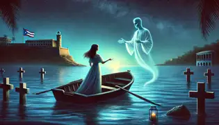 Isabella devuelve el tesoro al mar en la tranquila bahía de San Juan, mientras el fantasma de Diego se desvanece pacíficamente a la luz de la luna.