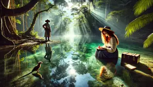 Ana se arrodilla junto a la Charca Espejo del Río Plateado, cautivada por su transparencia, mientras Tavio la observa desde cerca, bajo el resplandor del dosel de la jungla.