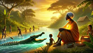 El anciano Nzinga se sienta junto al río Cuanza al atardecer, mientras los niños juegan cerca del agua, simbolizando la paz y la armonía restauradas.