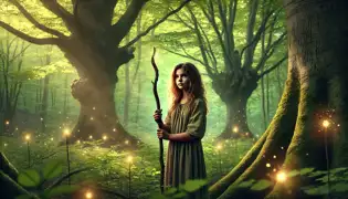 Emilia, tenant un bâton, se tient dans une forêt lumineuse entourée de chênes séculaires, son expression à la fois calme et déterminée.