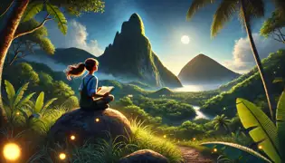 Mía está sentada cerca de la selva, contemplando los brillantes Pitones bajo un cielo iluminado por la luna, rodeada de luciérnagas.