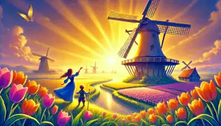 Molino de viento restaurado al amanecer, con campos de tulipanes brillando bajo el sol naciente. Lila y Elara se encuentran de pie, triunfantes, junto al molino.