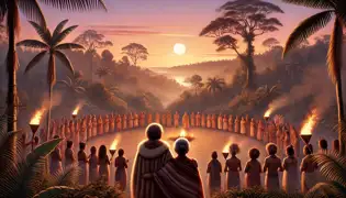 Kalinda se encuentra con su abuela al amanecer, rodeada de aldeanos sonrientes mientras la luz del sol se abre paso a través de la selva.