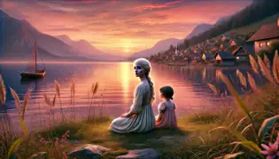 Lotte se sienta en la orilla cubierta de hierba del Lago Traun al atardecer, mientras Undine, ahora humana, se coloca a su lado con una expresión cálida.