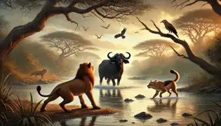 Un león duda cerca de un cadáver de búfalo mientras un chacal le advierte de espíritus que lo observan junto al río.