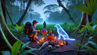 Un claro en la jungla al atardecer, con ofrendas dispuestas sobre un altar y el resplandeciente Perro Fantasma observando serenamente.