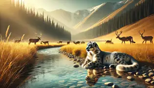 Un leopardo de las nieves descansa junto a un río en un valle exuberante, contemplando su reflejo, debatiéndose entre la comodidad y el llamado de las montañas.