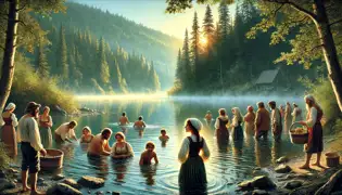 Los aldeanos se bañan en las cálidas y brumosas aguas del Lago Bear, experimentando sus legendarios poderes curativos mientras el sol se eleva sobre el lago.