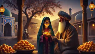 Amina sostiene el albaricoque dorado en sus manos al atardecer, mientras el sabio Bahram sonríe, observándola serenamente desde el patio de su tranquila aldea.