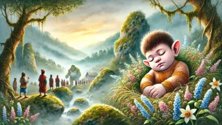Tay-Boday como un niño gigante, acostado tranquilamente en un nido de flores silvestres en medio de montañas cubiertas de niebla.