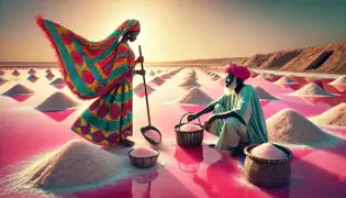 Awa y su padre recolectan sal a lo largo del Lago Retba, y sus herramientas tradicionales junto con su vestimenta colorida añaden vitalidad a la escena.