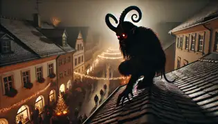 Una figura sombría de Krampus, con ojos resplandecientes y cuernos, se encuentra encaramada en un tejado de Linz, observando a los asustados asistentes del festival que se encuentran abajo.