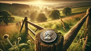 Una shilling de plata apoyada sobre una valla envejecida, con colinas onduladas al fondo.