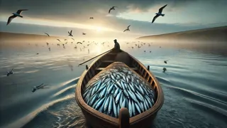 Wooden boat returns loaded with a net full of glistening fish against a pale dawn sky