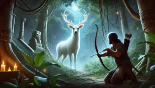 Um caçador maia, Itzam, escondido na folhagem da selva, mira seu arco em um cervo branco iluminado que está parado em uma clareira banhada pela luz da lua.