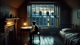 Un niño pensativo mira a través de una ventana de Dublín salpicada por la lluvia, mientras las luces de la ciudad brillan débilmente en el crepúsculo.