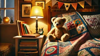 El osito de peluche llamado Corduroy siendo acurrucado en un acogedor rincón del cuarto de niños, con expresión de tranquilidad.