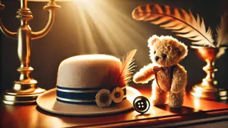 El osito de peluche Corduroy descubriendo un brillante botón de latón bajo un perchero de terciopelo en una tienda por departamentos.