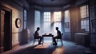 Spencer, en una habitación iluminada por el crepúsculo, se enfrenta a una versión más amable de su doble fantasmal, liberando el pasado.