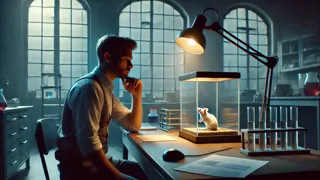 Charlie estudiando un ratón blanco bajo un microscopio, con una expresión de preocupación en el rostro.