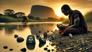Obinna se sienta junto al río al atardecer, esculpiendo el rostro de Adanne en una piedra, rodeado de pequeñas esculturas de su semejanza, sumido en la tristeza.