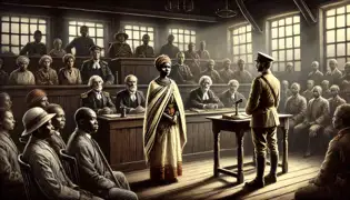 Mbuya Nehanda se tient dans une salle d'audience à la lumière tamisée, tandis que les représentants britanniques prononcent leur verdict, des ancêtres shona observant en silence, pleins de chagrin.