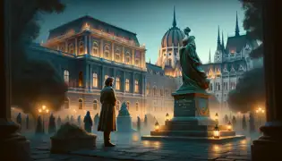 Erik Kovács se encuentra ante un nuevo monumento dedicado a la dama Katalin Hunyadi en el patio iluminado por el crepúsculo del Castillo de Buda.