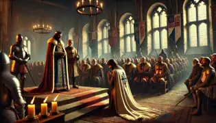O imperador Carlos IV se apresenta diante de sua corte ao amanhecer, concedendo o título de Guardião de Karlštejn ao cavaleiro Matej.