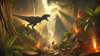 Un enorme Tyrannosaurus rex erguido contra un acantilado rocoso mientras los exploradores huyen dispersos.