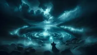 Un lago islandés tempestuoso por la noche, envuelto en una bruma luminosa, donde una figura mística recita un canto cerca de la orilla mientras se desenvuelve un antiguo ritual.
