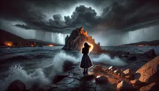 Nuit tempétueuse au lac Titicaca, avec les vagues s'écrasant contre les Rochers Chantants et un anthropologue en train de présenter ses excuses.