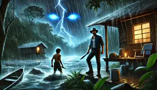 Una noche tormentosa en el río Tárcoles, donde Miguel y Javier están de pie frente a su cabaña mientras unos ojos azules brillan debajo de las aguas crecientes.