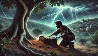 Karim cava bajo el higuera en una noche de tormenta, desenterrando un cofre de madera mientras los relámpagos iluminan el cielo.