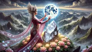 Liyana se acerca a la resplandeciente Piedra de Luna, rodeada de flores en la cima de la montaña sagrada.