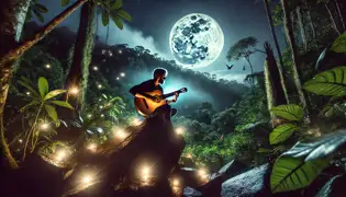 En la cima de El Yunque, Javier toca la guitarra bajo la luz de la luna llena, rodeado de un resplandor mágico y del canto de los coquíes.
