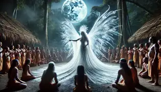 El resplandeciente Espíritu Ancestral aparece en el círculo ceremonial, extendiendo su mano hacia Kalinda bajo el dosel iluminado por la luna en la selva.