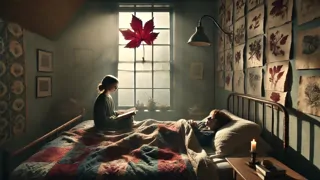 Un niño apoyado en almohadas mientras su hermana lee a su lado, con una pequeña hoja roja encima.