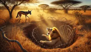 Un león rugiente lucha en un foso espinoso, mientras el chacal se asoma al borde, riéndose de su astuto truco.