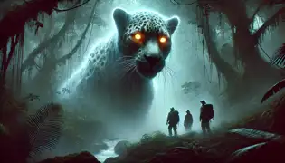 Un espíritu con ojos resplandecientes, parecido a un jaguar, emerge de la niebla, su forma espectral cambia mientras los exploradores permanecen paralizados por el miedo.