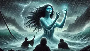 Maita, el Espíritu del Río, surge de las aguas desbordadas con unos ojos azules resplandecientes, mientras Miguel y Javier se arrodillan ante ella, llenos de asombro y temor.