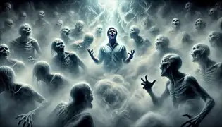 Gabriel Santos se encuentra petrificado en un vacío envuelto en niebla, rodeado de figuras fantasmas de aquellos que han caído bajo la maldición de El Mofongo Dorado.